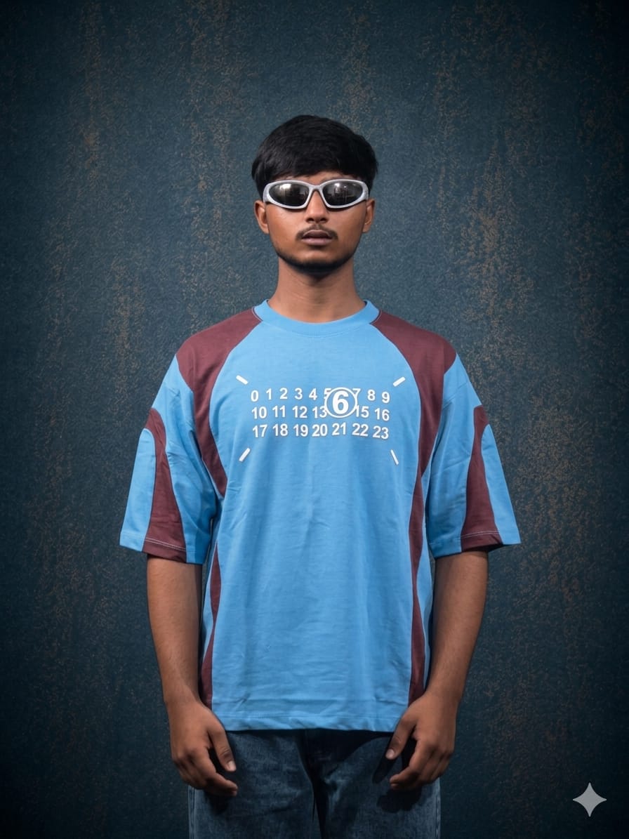 Blue&Brown Numerical Based Puff Printed Tee