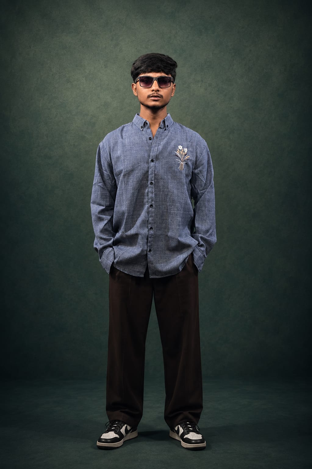 Grey Floral Embroidery Shirt
